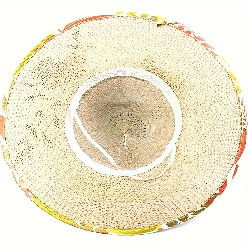 1pc Satin Print Streamer Decorative Sun Hat Personalized Flower Embroidered Wide Brim Hat Summer Stylish Sunshade Beach Hats For Women