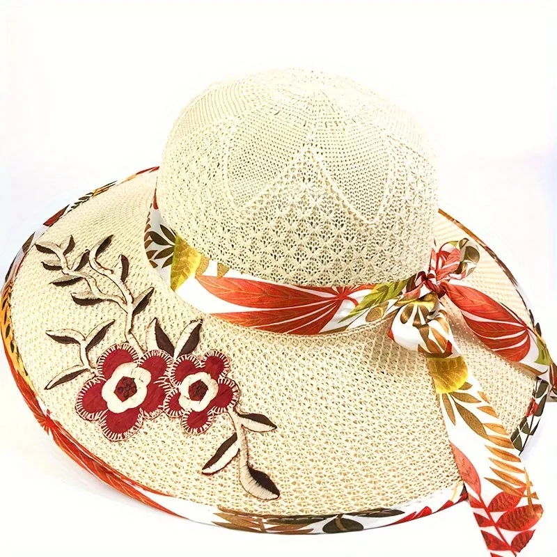 1pc Satin Print Streamer Decorative Sun Hat Personalized Flower Embroidered Wide Brim Hat Summer Stylish Sunshade Beach Hats For Women