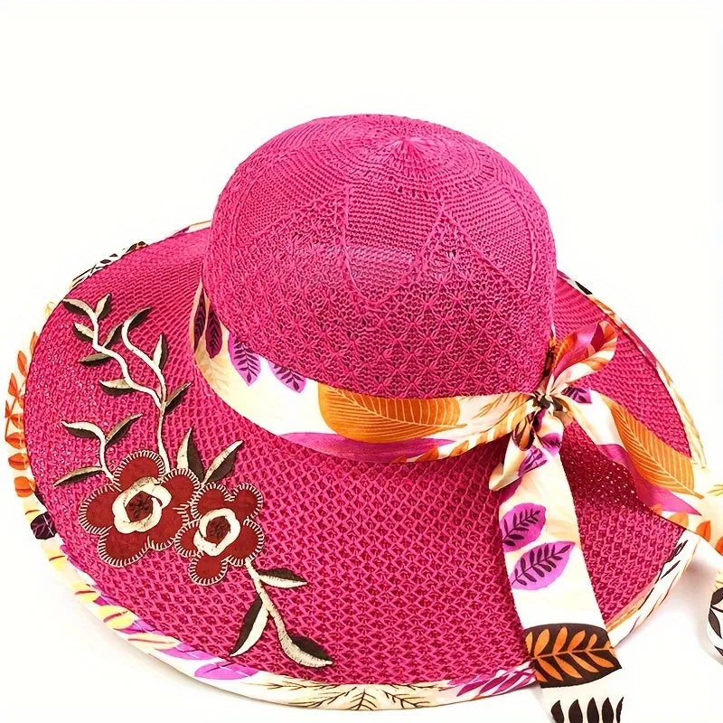 1pc Satin Print Streamer Decorative Sun Hat Personalized Flower Embroidered Wide Brim Hat Summer Stylish Sunshade Beach Hats For Women