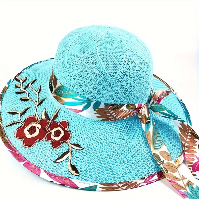 1pc Satin Print Streamer Decorative Sun Hat Personalized Flower Embroidered Wide Brim Hat Summer Stylish Sunshade Beach Hats For Women