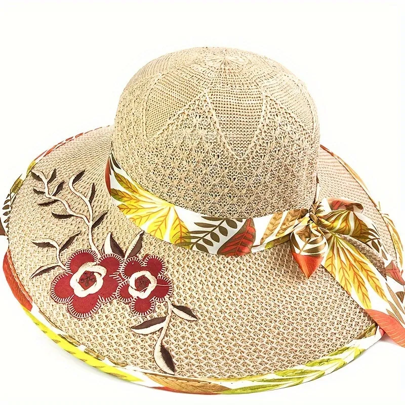 1pc Satin Print Streamer Decorative Sun Hat Personalized Flower Embroidered Wide Brim Hat Summer Stylish Sunshade Beach Hats For Women