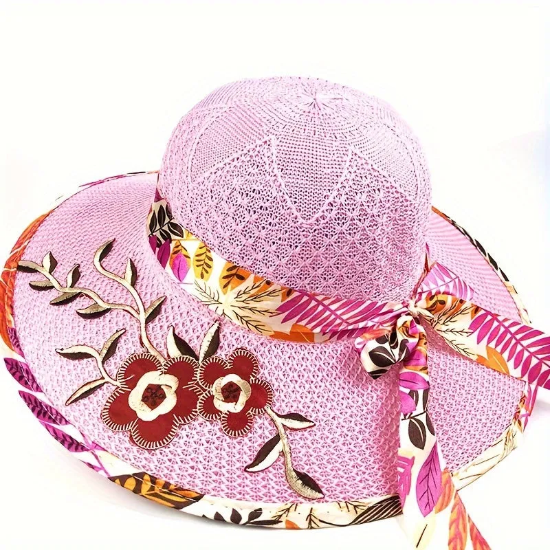 1pc Satin Print Streamer Decorative Sun Hat Personalized Flower Embroidered Wide Brim Hat Summer Stylish Sunshade Beach Hats For Women