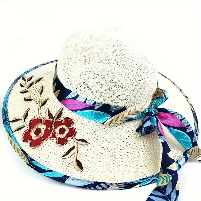 1pc Satin Print Streamer Decorative Sun Hat Personalized Flower Embroidered Wide Brim Hat Summer Stylish Sunshade Beach Hats For Women