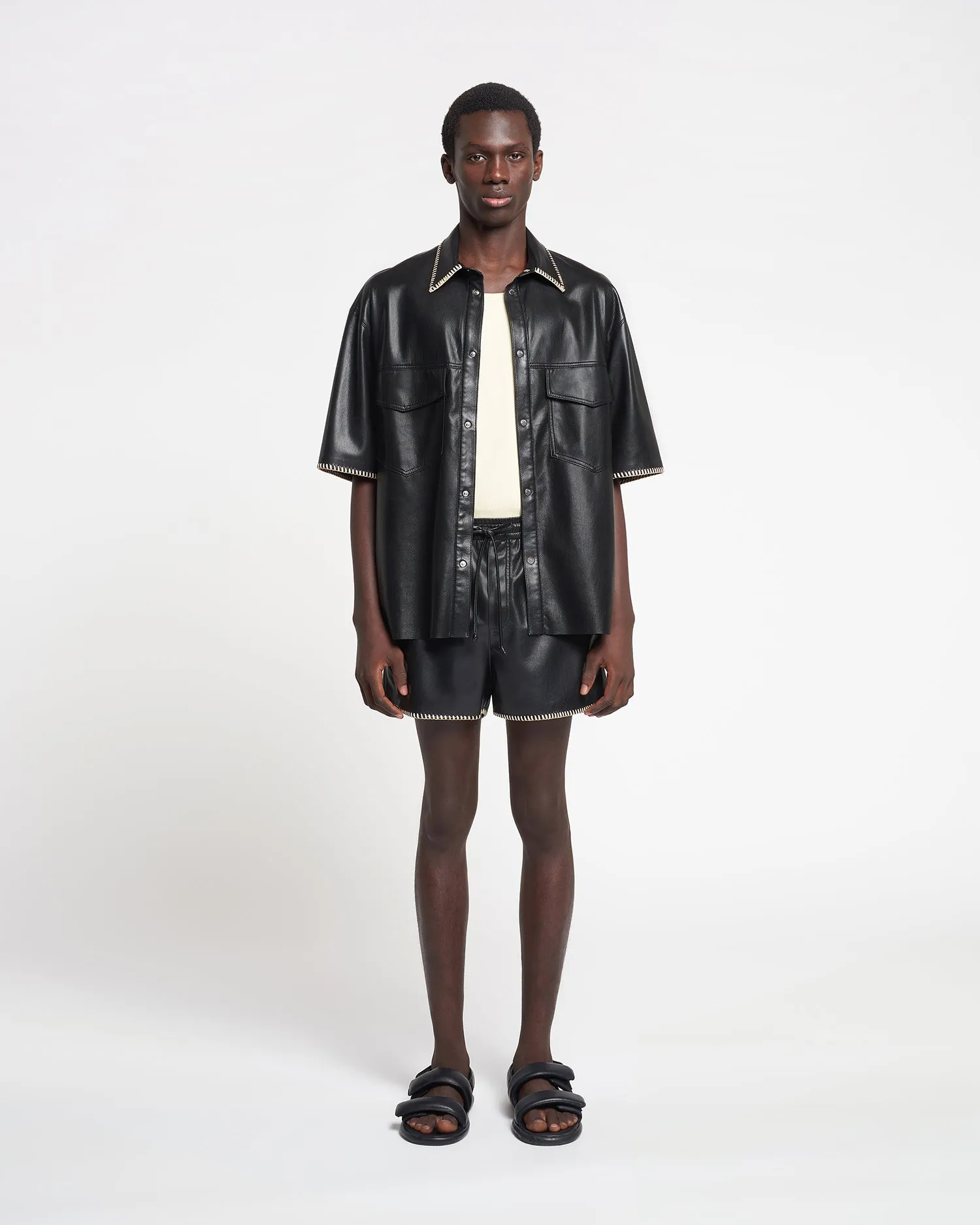 Amil - Raffia-Trimmed Okobor™ Alt-Leather Shorts - Black