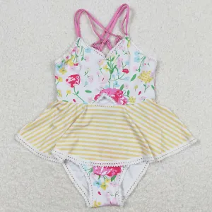 Baby Girls Swimsuits Flowers Yellow Stripes Ruffle One Piece Swimsuits S0250