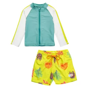 Boys Long Sleeve Zipper Rash Guard and Swim Trunk Set | "Coral"