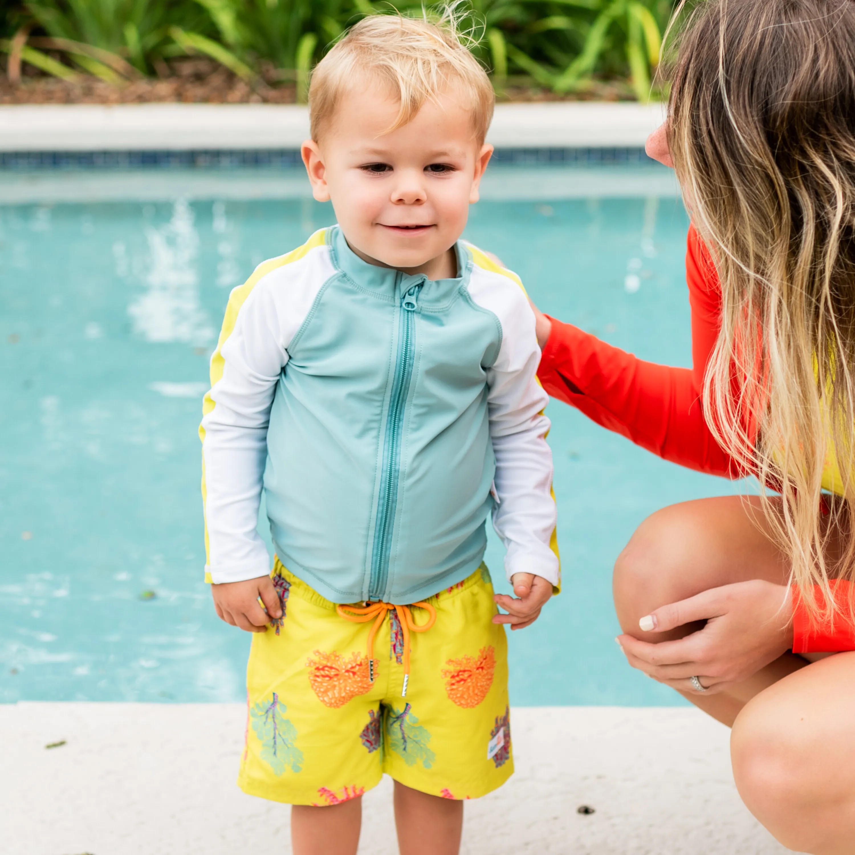 Boys Long Sleeve Zipper Rash Guard and Swim Trunk Set | "Coral"