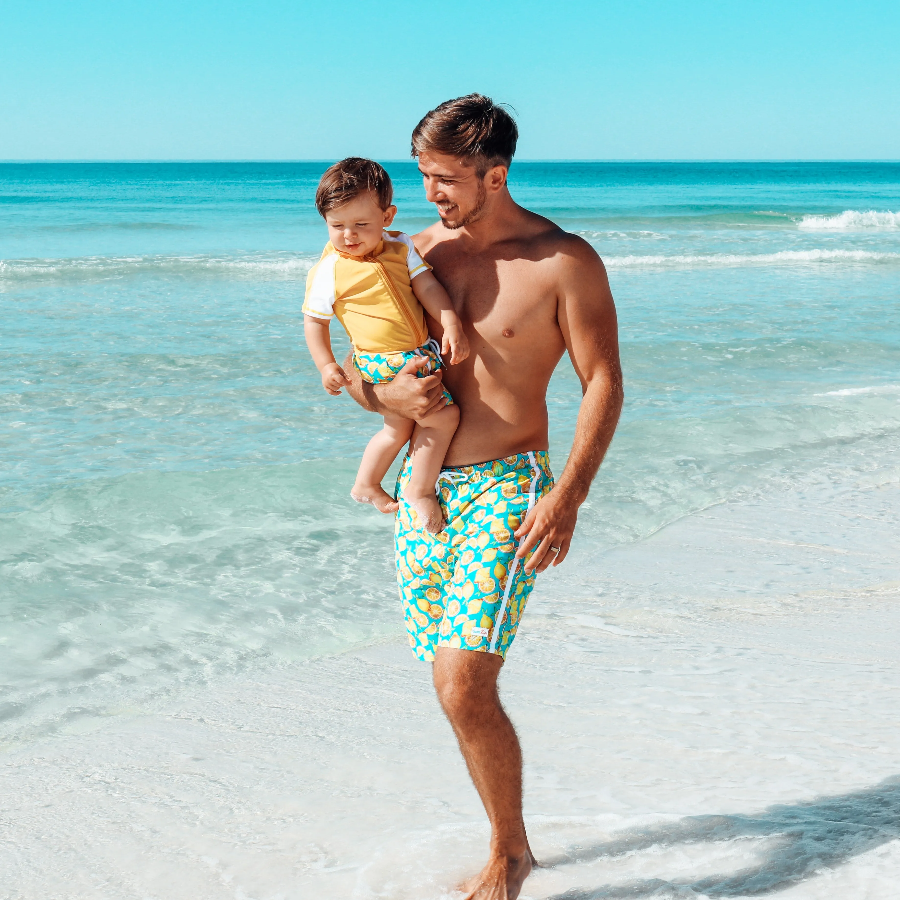 Boys Short Sleeve Zipper Rash Guard and Swim Trunk Set | "Lemons"