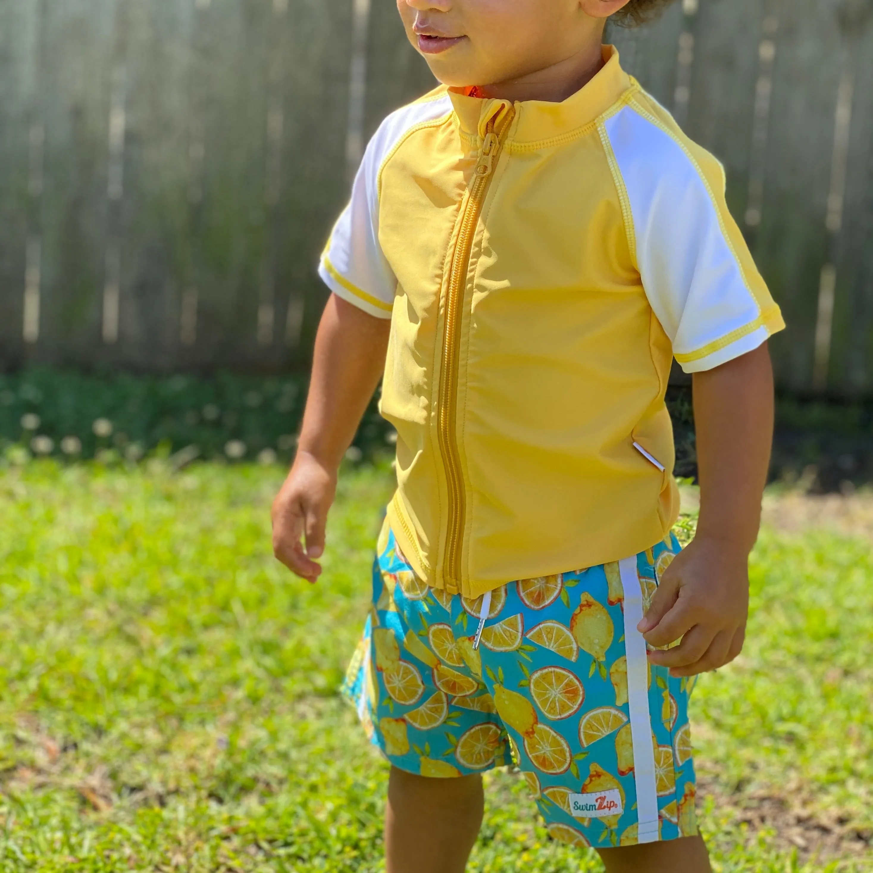 Boys Short Sleeve Zipper Rash Guard and Swim Trunk Set | "Lemons"
