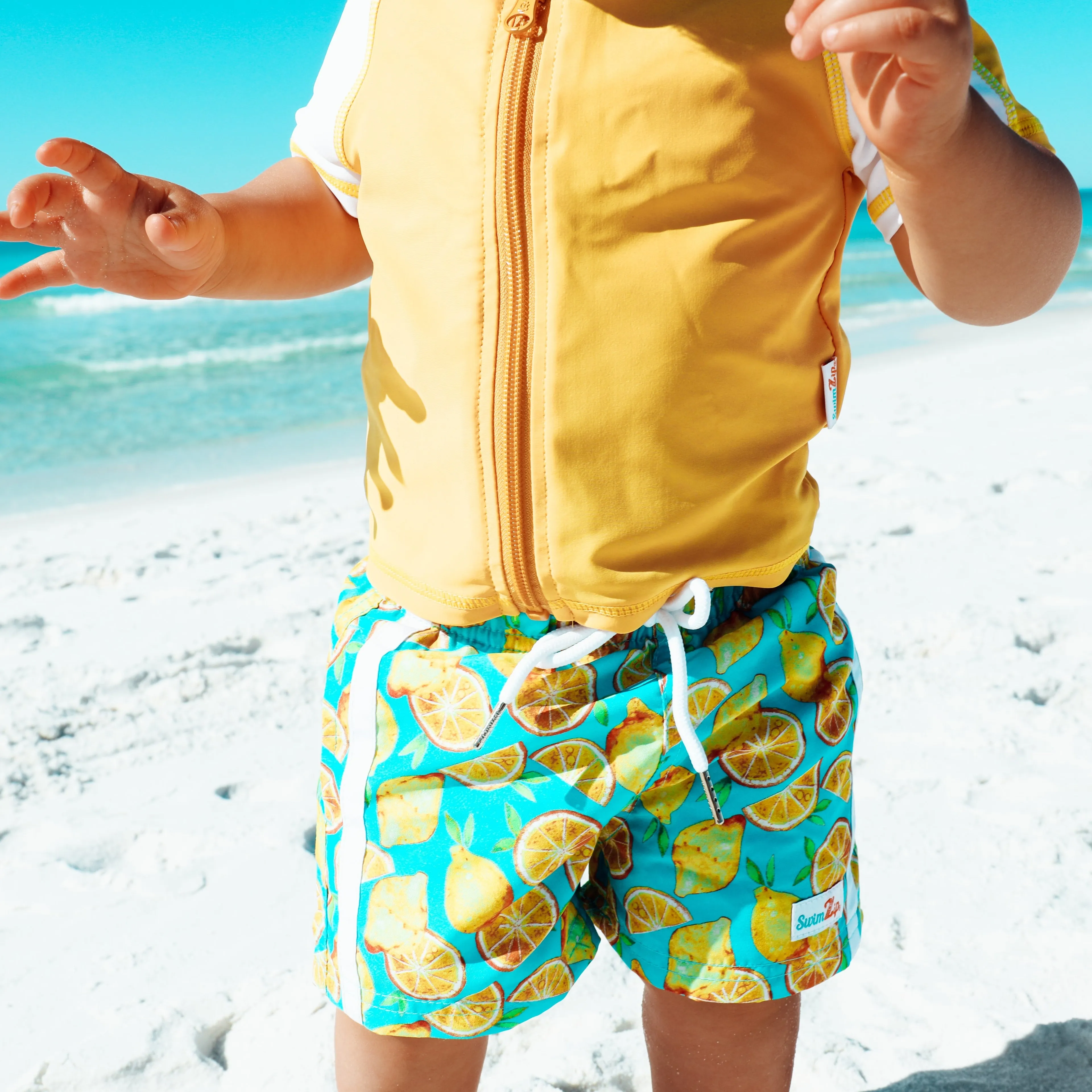 Boys Short Sleeve Zipper Rash Guard and Swim Trunk Set | "Lemons"