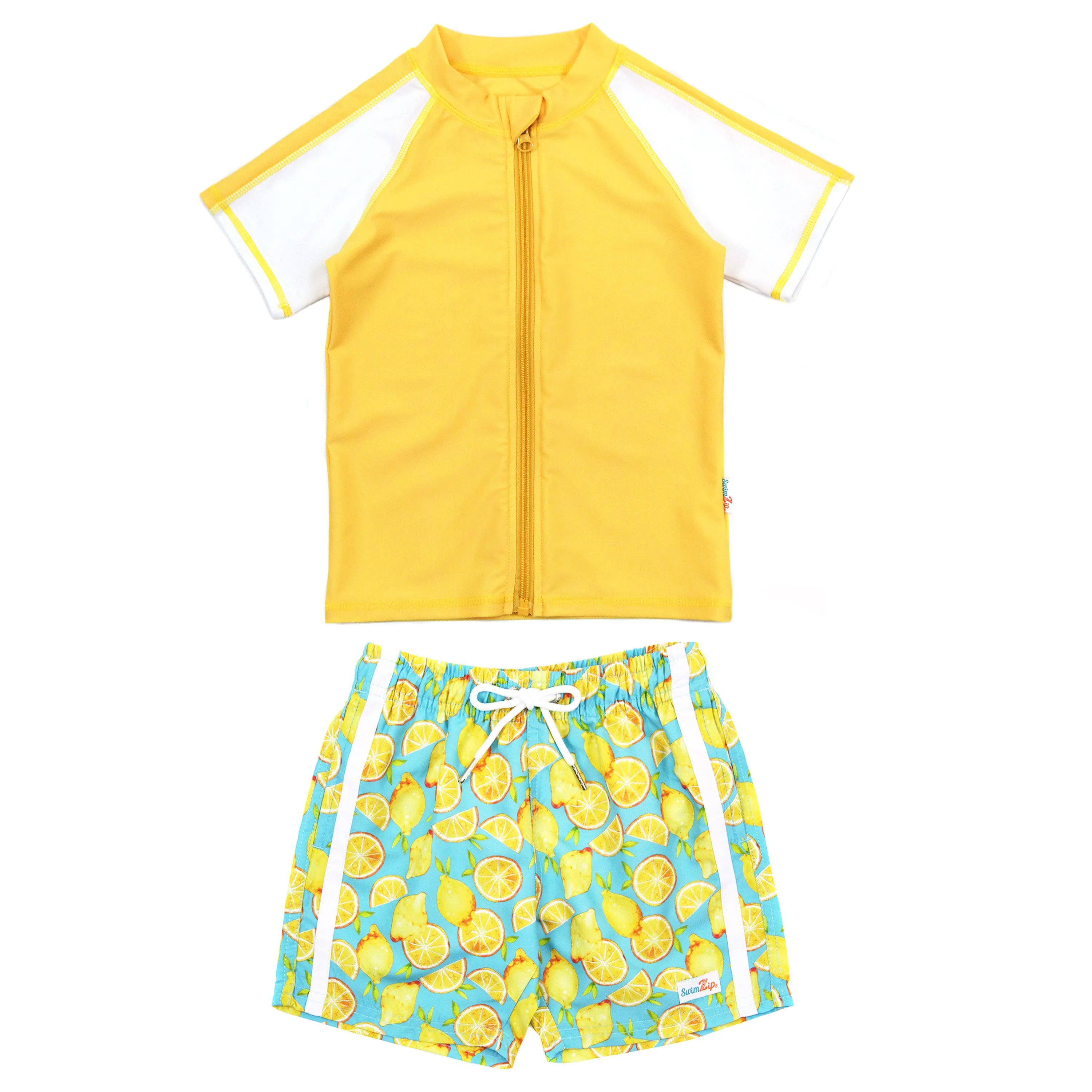 Boys Short Sleeve Zipper Rash Guard and Swim Trunk Set | "Lemons"