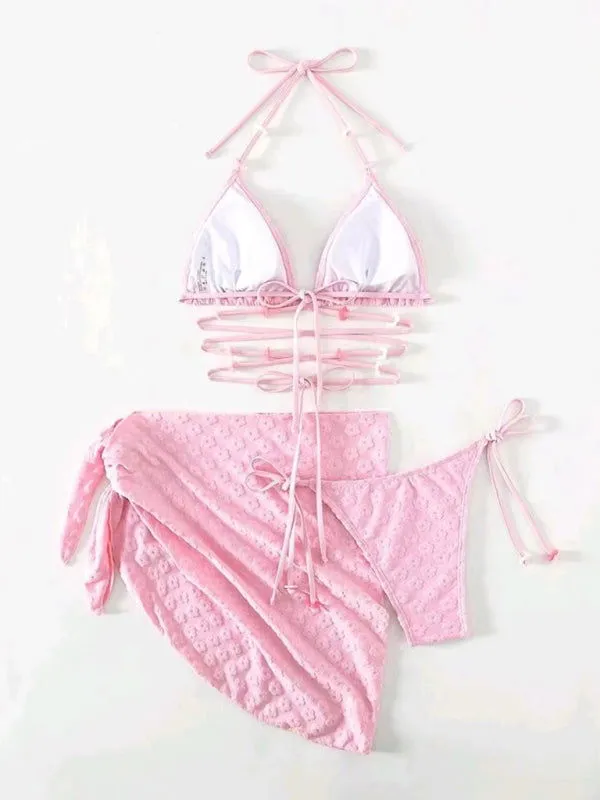 Cross Straps Floral Lace Pattern 3Pcs Bikini Swimsuits