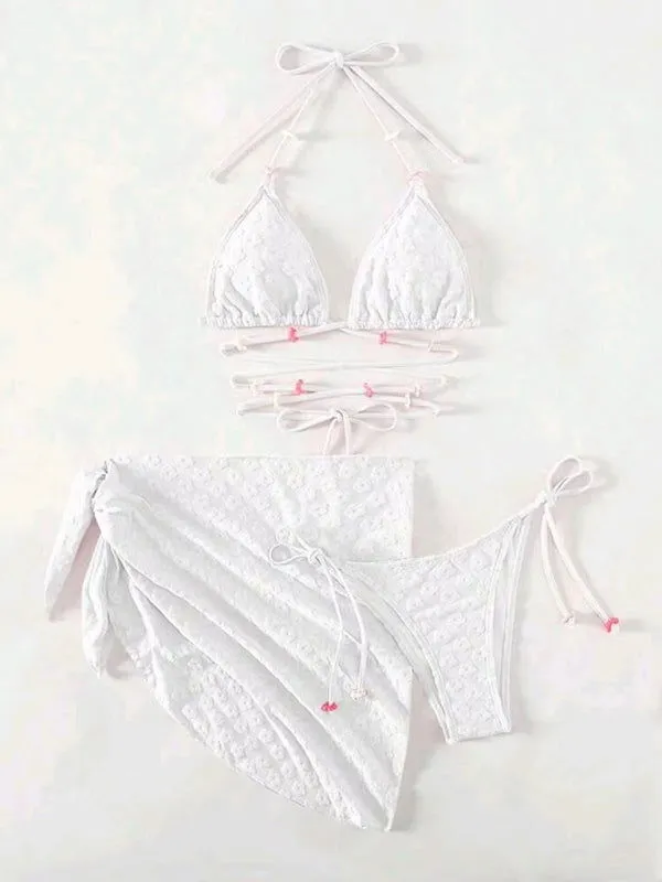 Cross Straps Floral Lace Pattern 3Pcs Bikini Swimsuits
