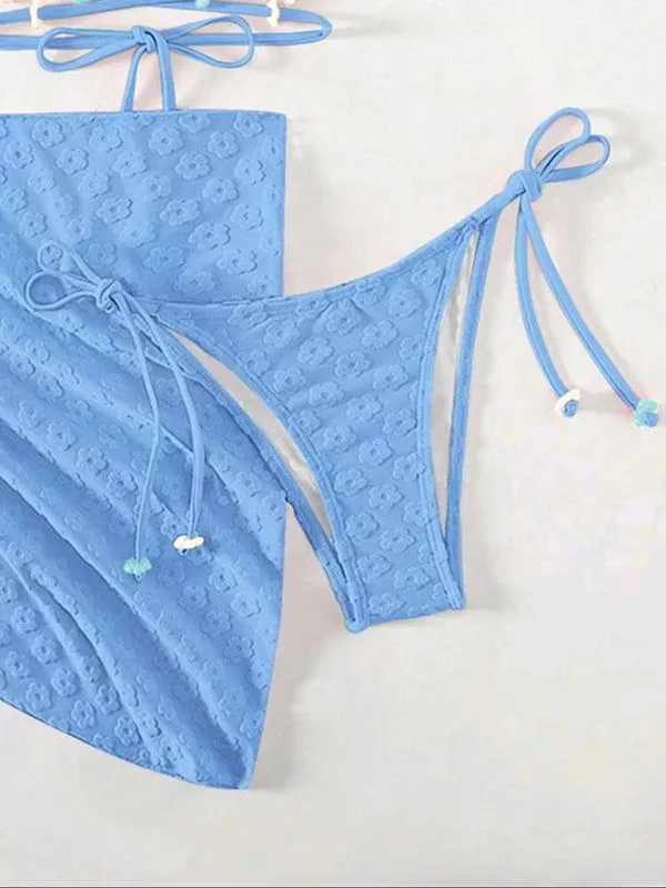 Cross Straps Floral Lace Pattern 3Pcs Bikini Swimsuits