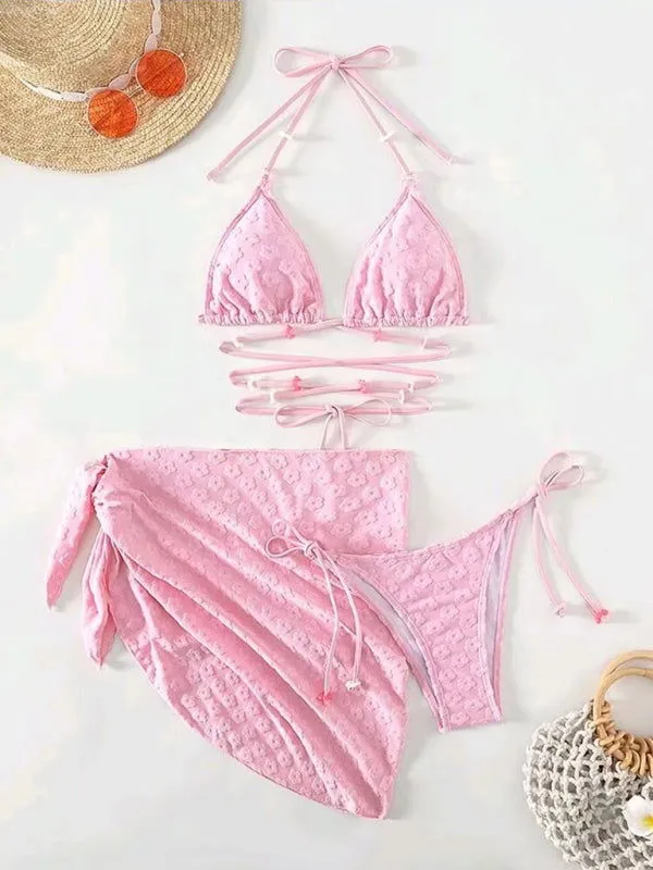 Cross Straps Floral Lace Pattern 3Pcs Bikini Swimsuits