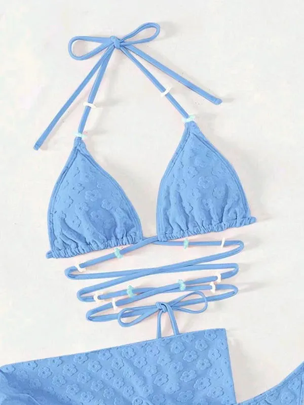 Cross Straps Floral Lace Pattern 3Pcs Bikini Swimsuits