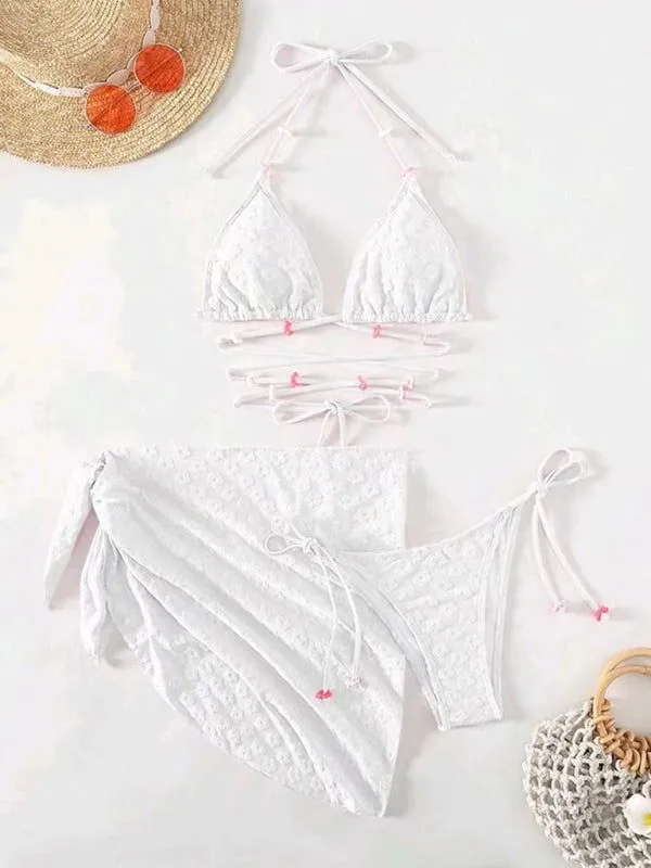 Cross Straps Floral Lace Pattern 3Pcs Bikini Swimsuits