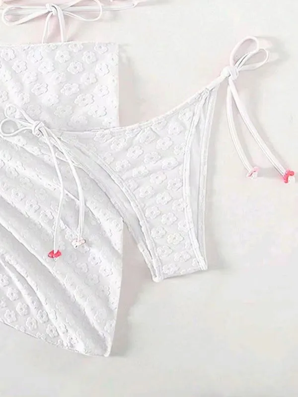 Cross Straps Floral Lace Pattern 3Pcs Bikini Swimsuits