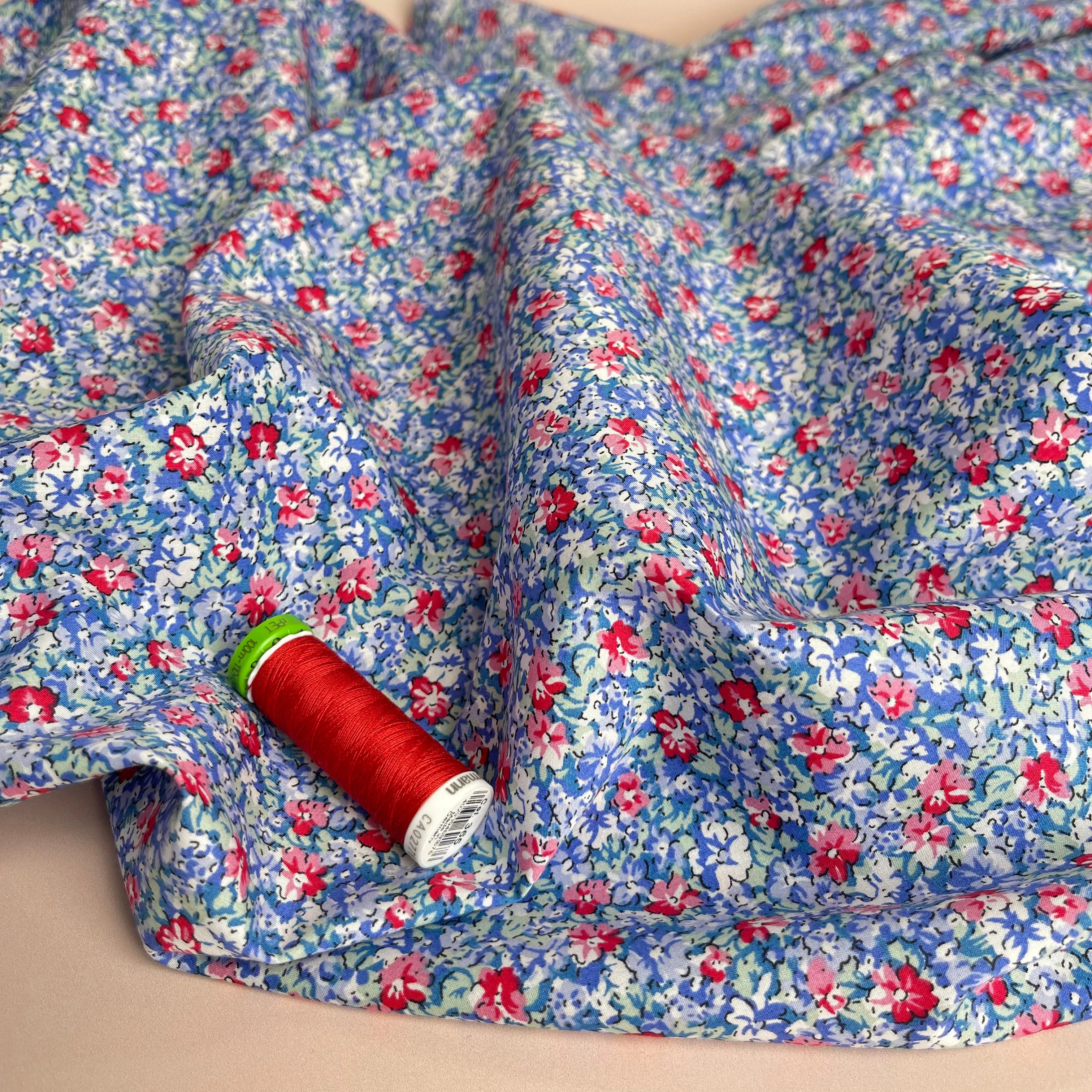 Ditsy Red Flowers on Blue Cotton Lawn