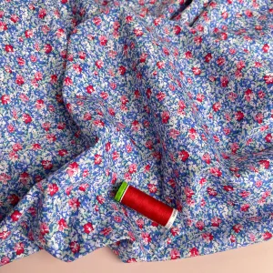 Ditsy Red Flowers on Blue Cotton Lawn
