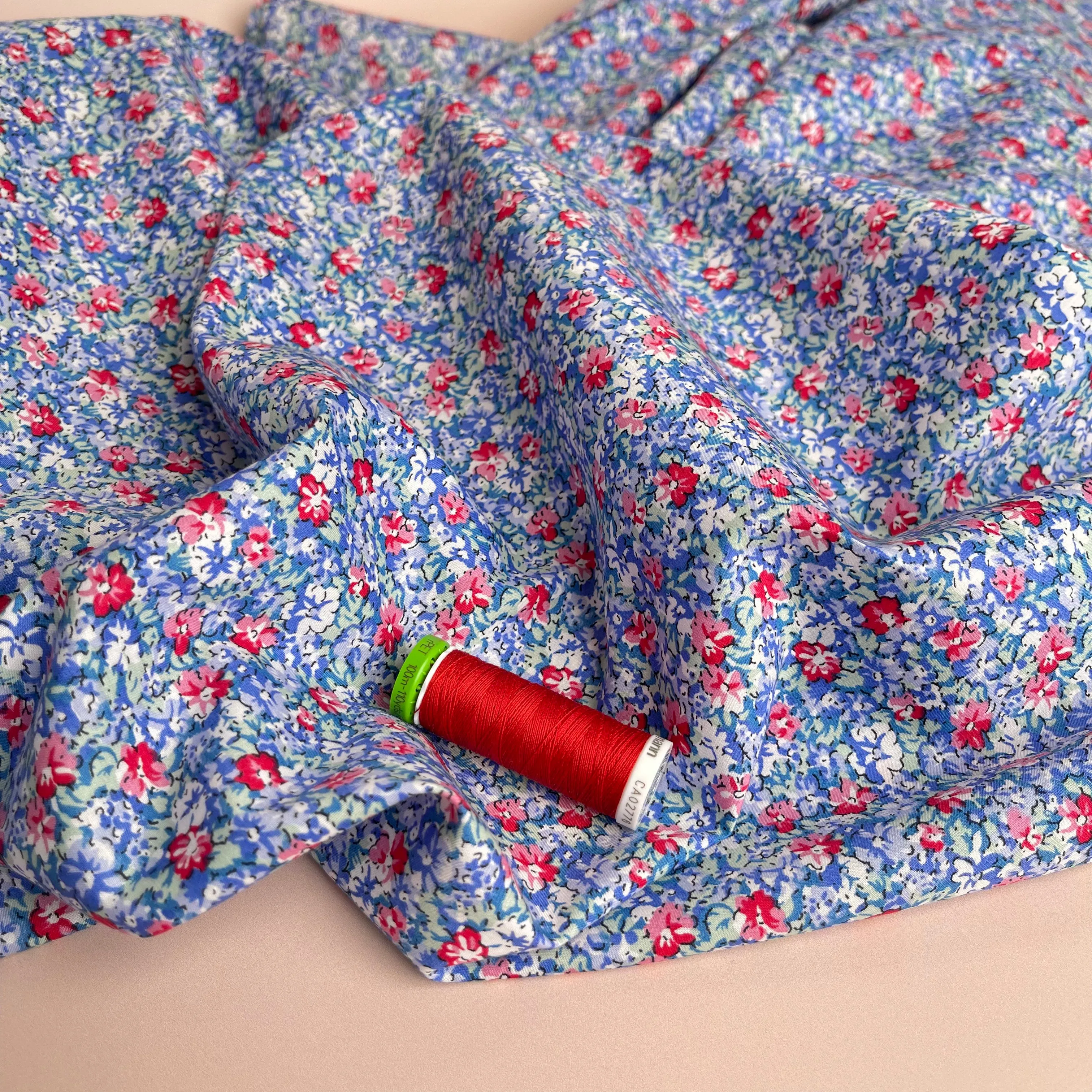 Ditsy Red Flowers on Blue Cotton Lawn