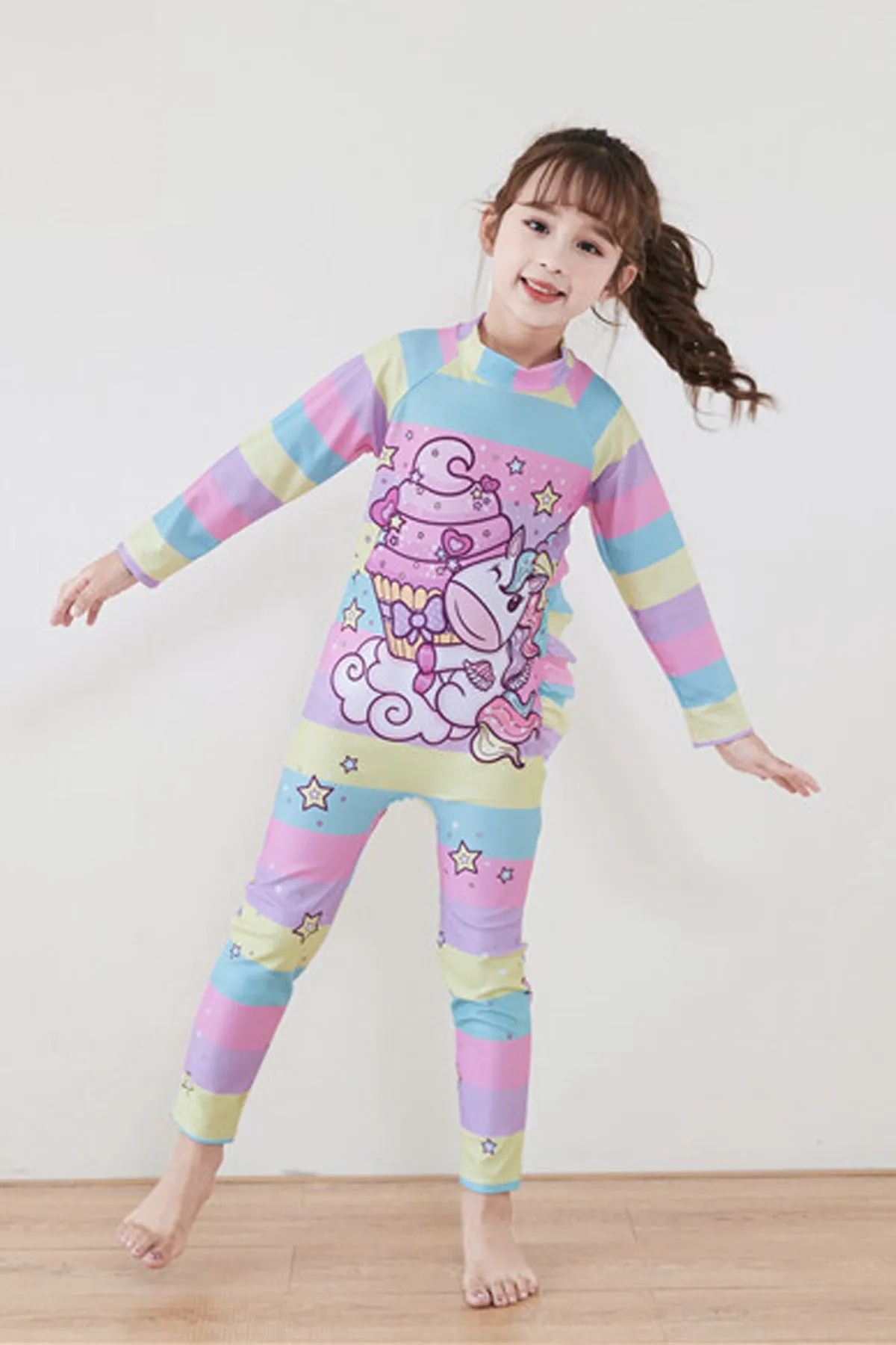 Fancydresswale Girls Swimsuits Long Sleeve Rash Guard Swimwear with Matching Cap One-Piece Bathing Suits-Unicorn