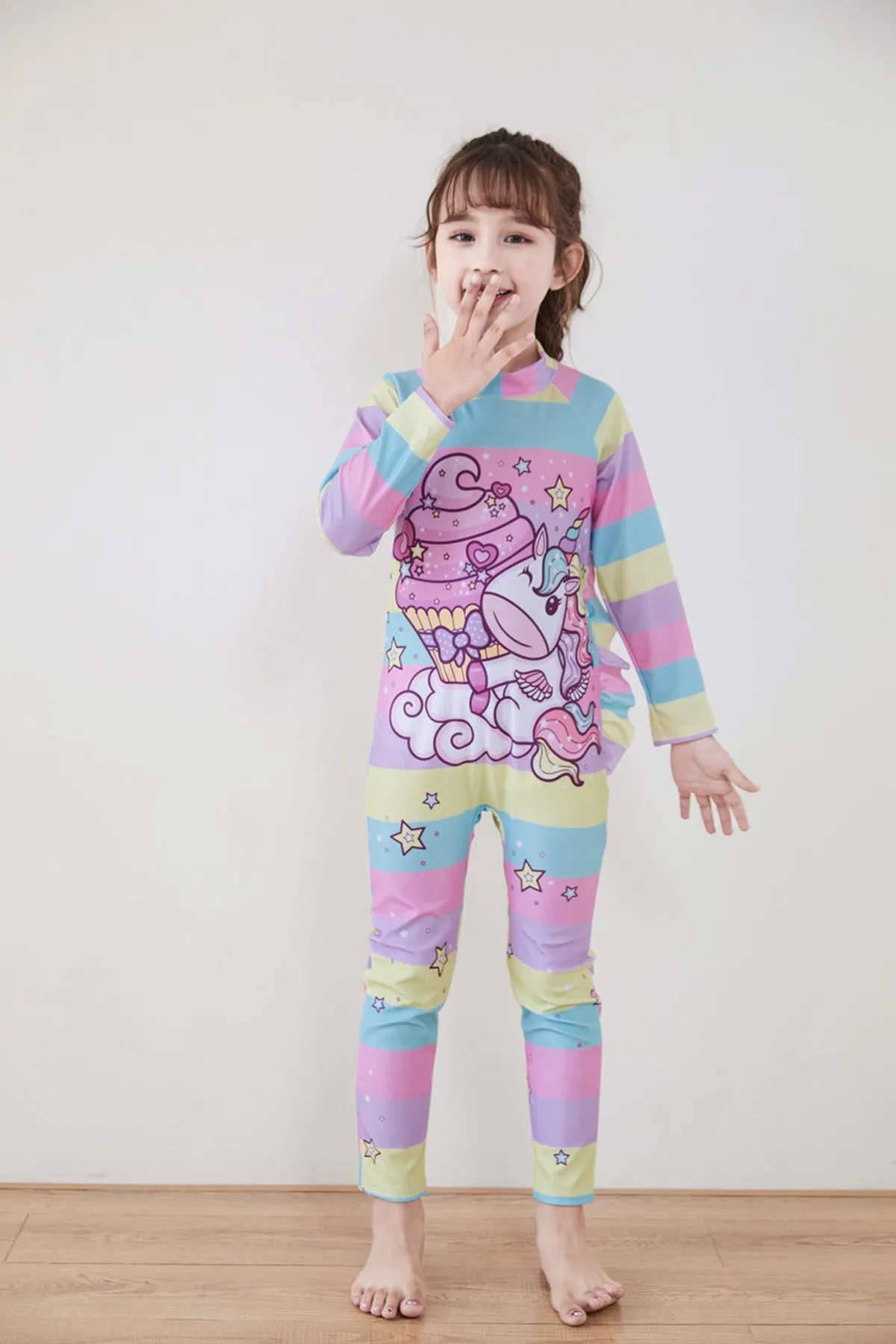 Fancydresswale Girls Swimsuits Long Sleeve Rash Guard Swimwear with Matching Cap One-Piece Bathing Suits-Unicorn