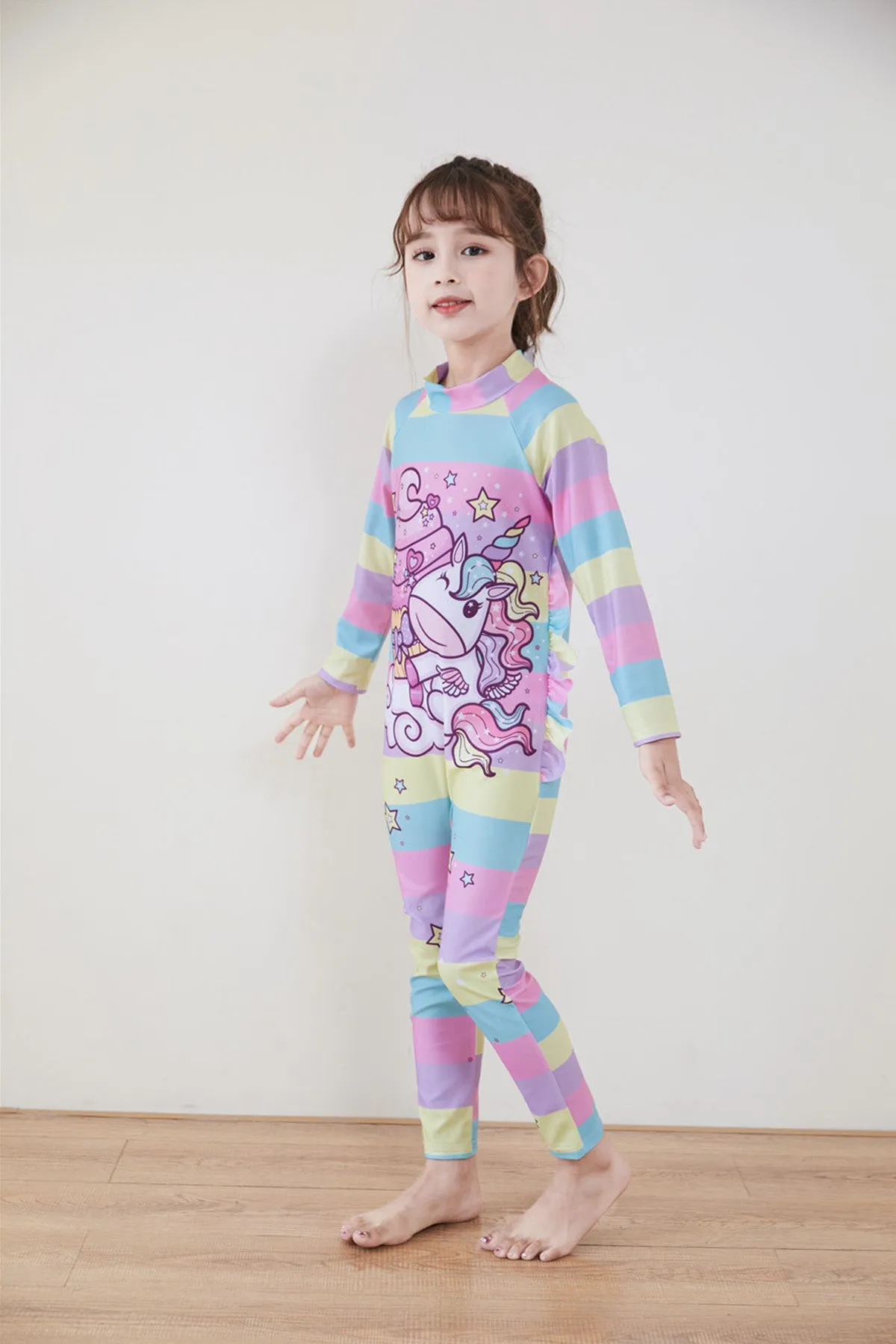 Fancydresswale Girls Swimsuits Long Sleeve Rash Guard Swimwear with Matching Cap One-Piece Bathing Suits-Unicorn
