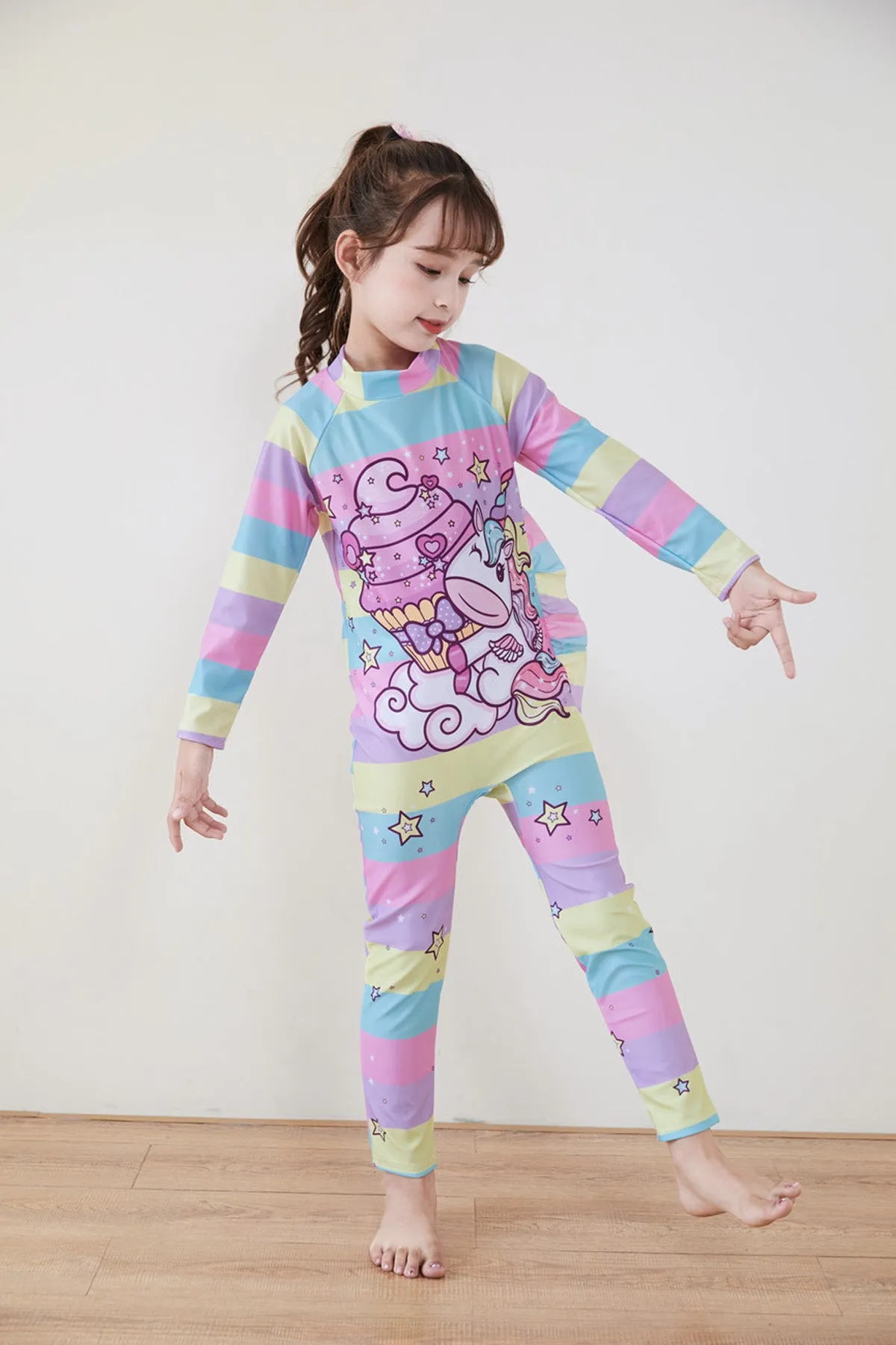 Fancydresswale Girls Swimsuits Long Sleeve Rash Guard Swimwear with Matching Cap One-Piece Bathing Suits-Unicorn