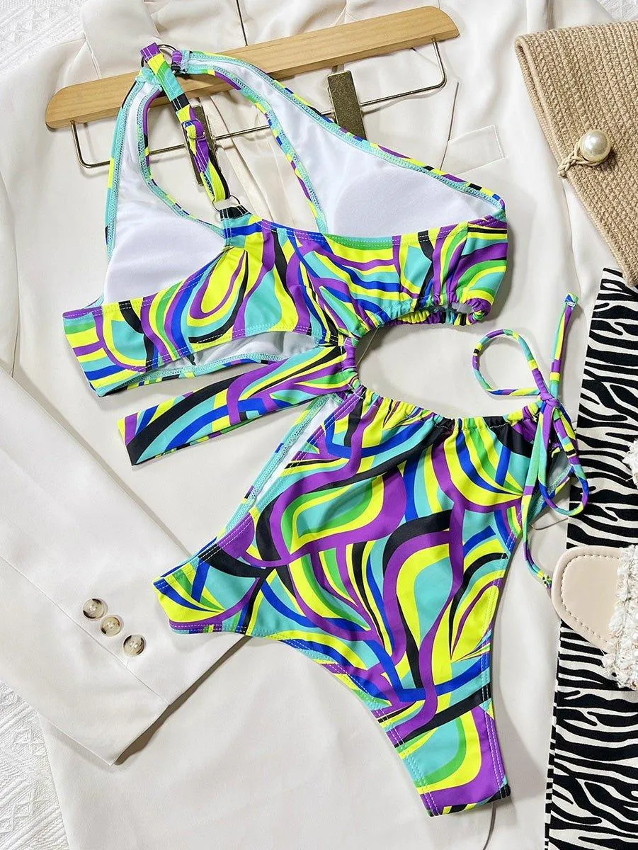 GFIT® Print Hollow Drawstring Single Shoulder Swimsuit
