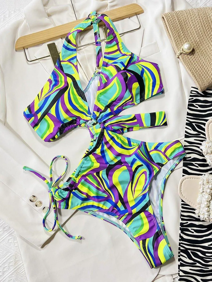 GFIT® Print Hollow Drawstring Single Shoulder Swimsuit