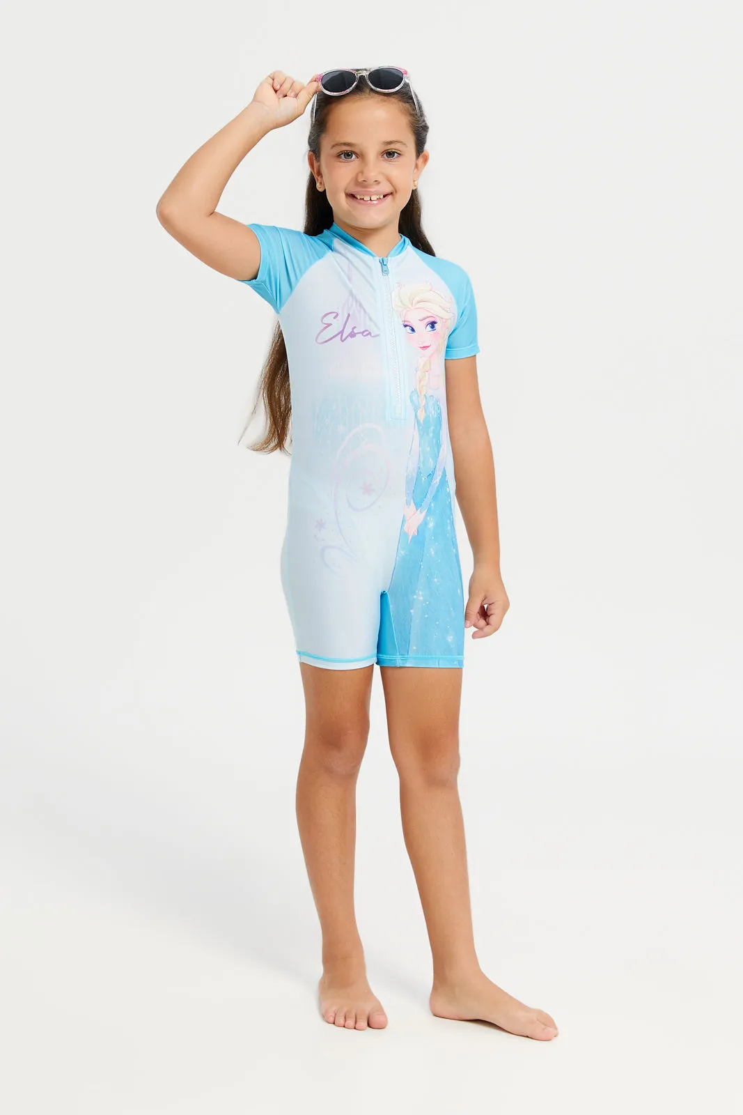Girls Blue Frozen Print Swimsuits