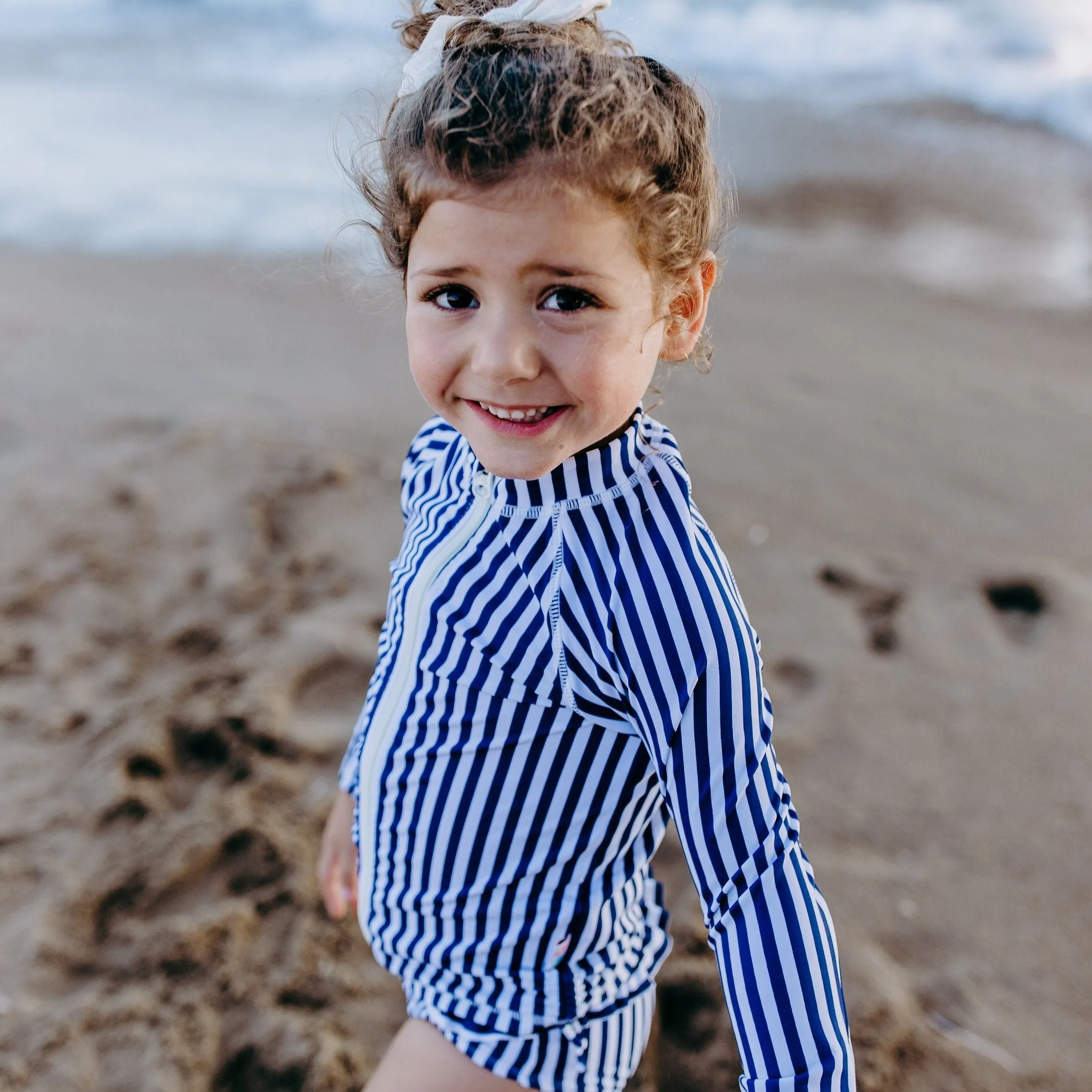 Girls Long Sleeve Rash Guard - “Mini Navy Stripe”