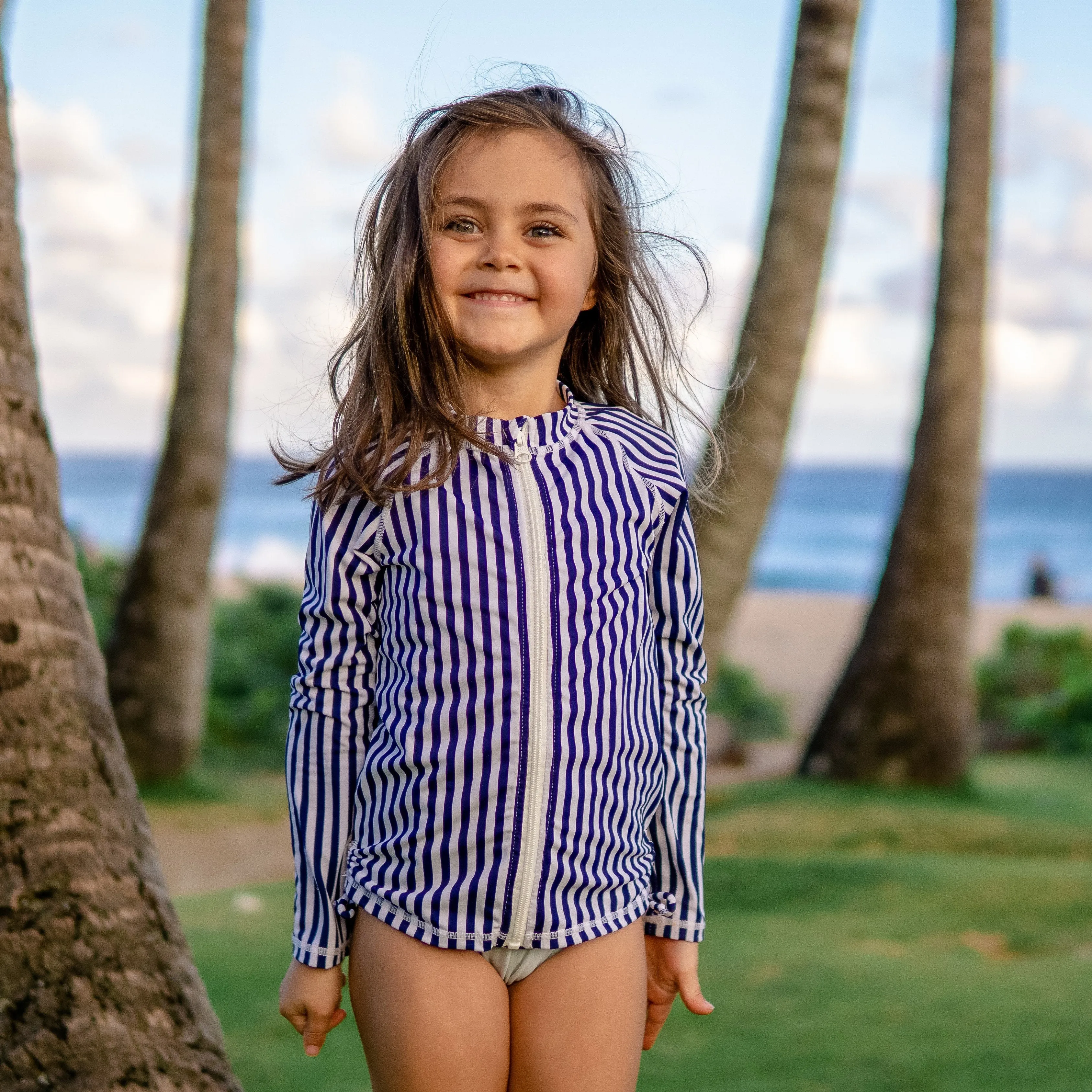 Girls Long Sleeve Rash Guard - “Mini Navy Stripe”