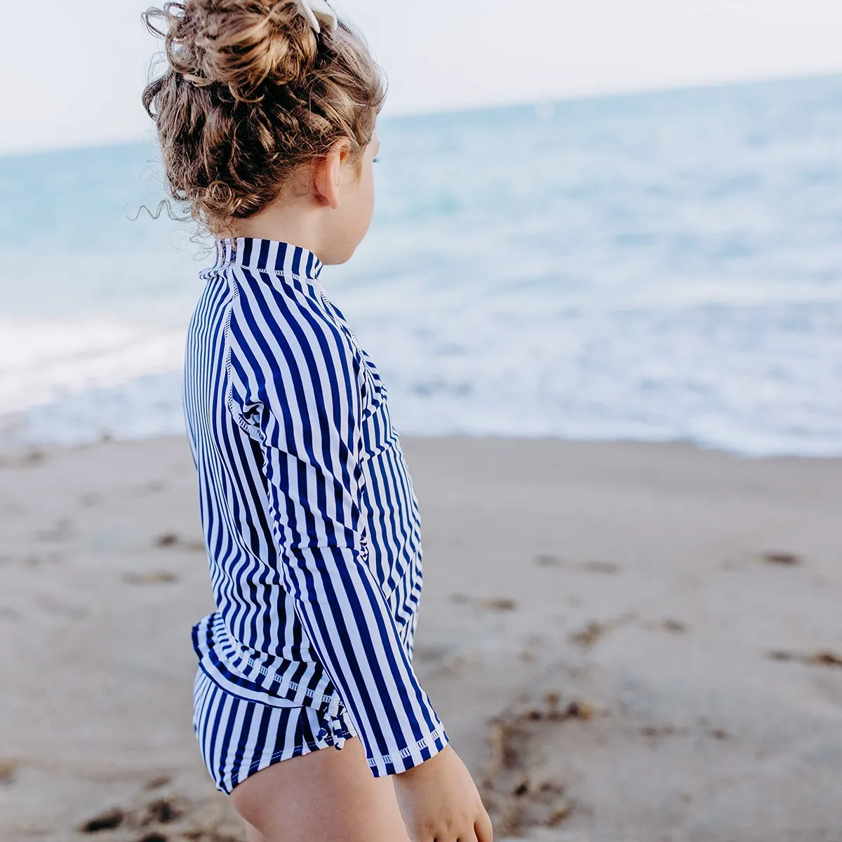 Girls Long Sleeve Rash Guard - “Mini Navy Stripe”