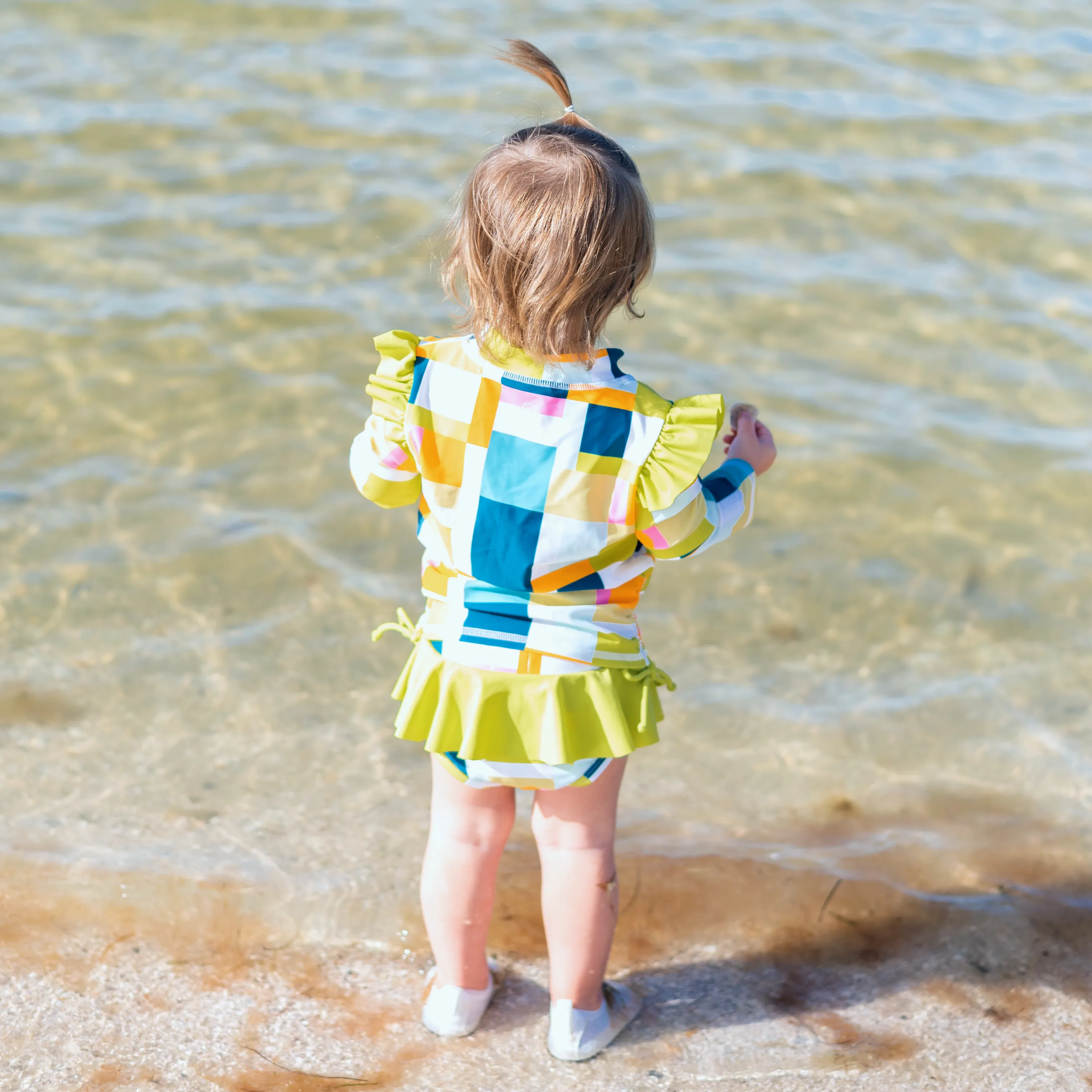 Girls Long Sleeve Rash Guard Ruffle Bottom Swimsuit Set (2 Piece) | "Check It Out"
