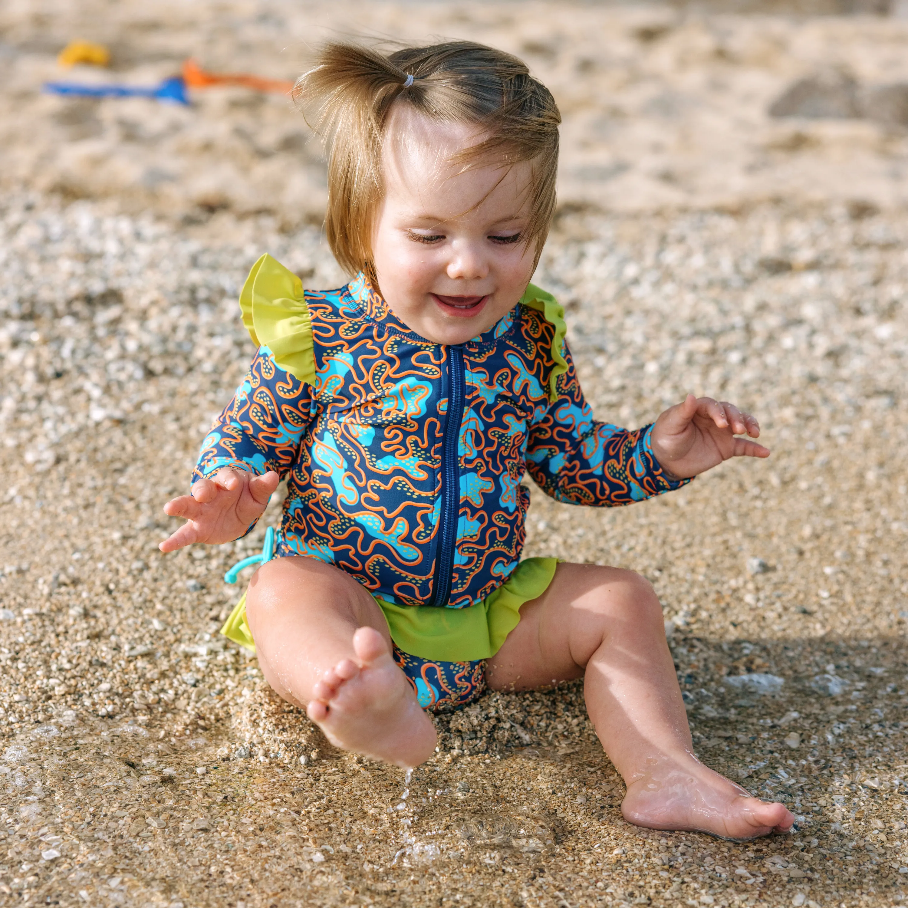 Girls Long Sleeve Rash Guard Ruffle Bottom Swimsuit Set (2 Piece) | "Deep Dive"