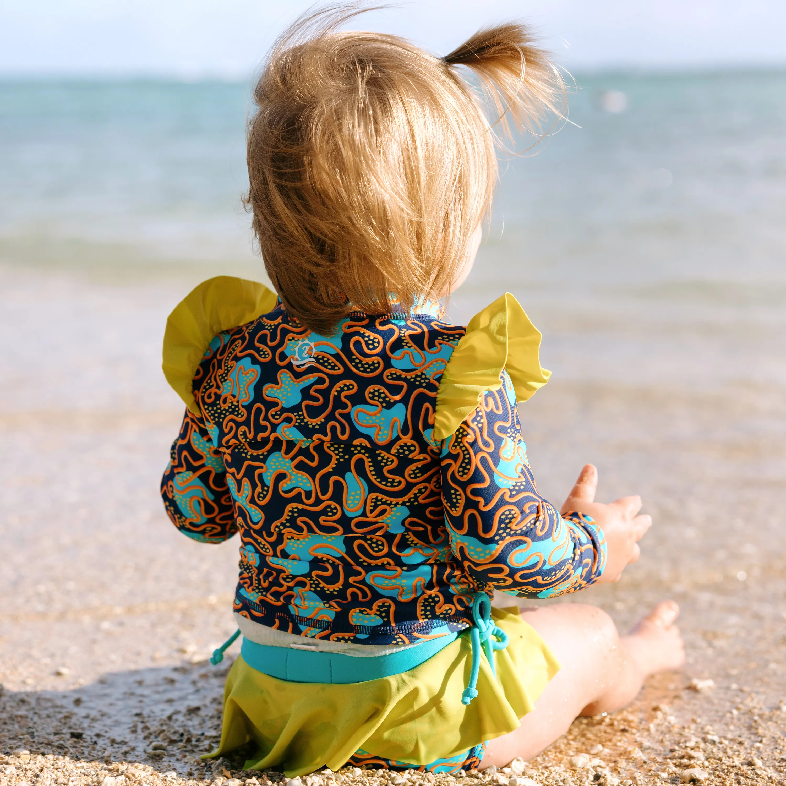 Girls Long Sleeve Rash Guard Ruffle Bottom Swimsuit Set (2 Piece) | "Deep Dive"