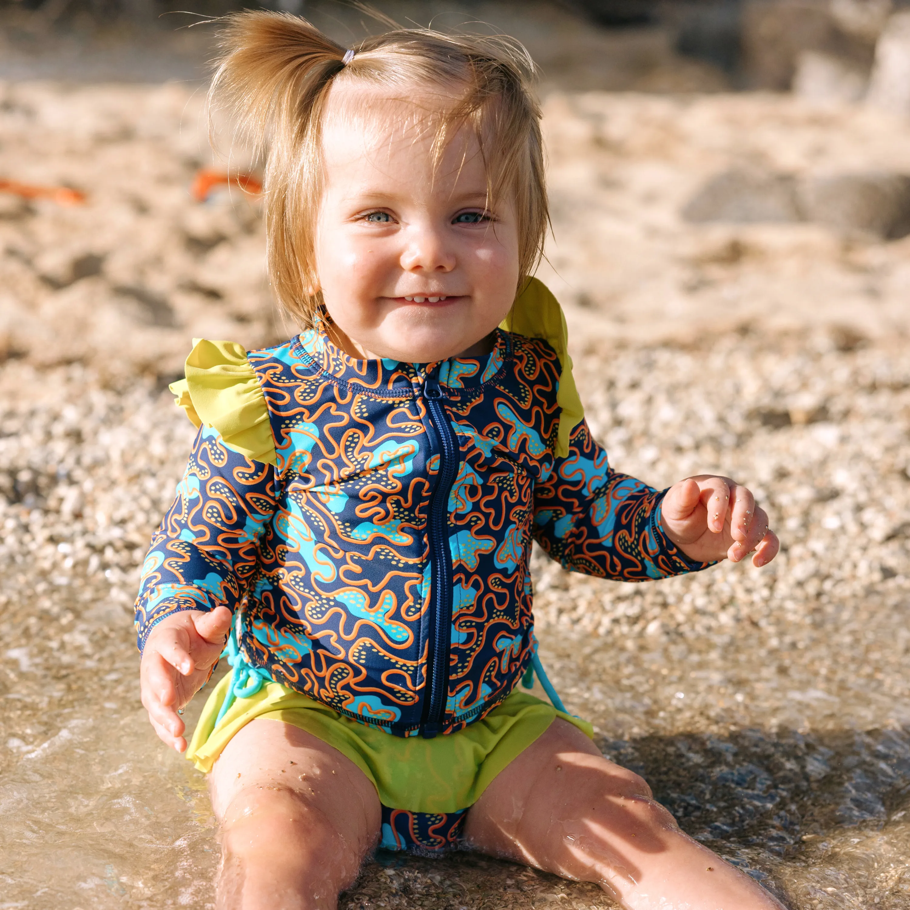 Girls Long Sleeve Rash Guard Ruffle Bottom Swimsuit Set (2 Piece) | "Deep Dive"