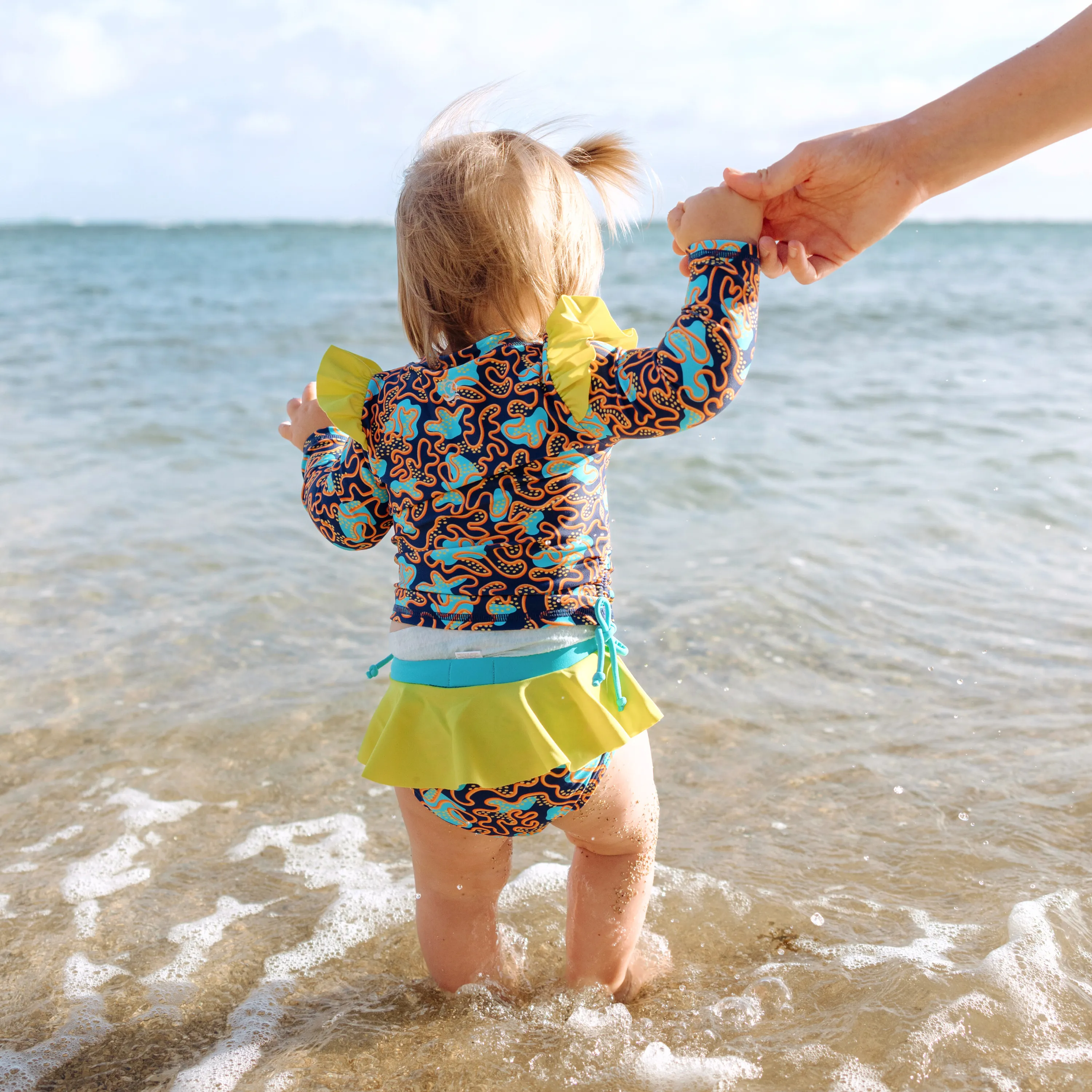 Girls Long Sleeve Rash Guard Ruffle Bottom Swimsuit Set (2 Piece) | "Deep Dive"