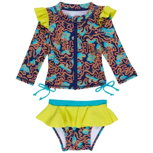 Girls Long Sleeve Rash Guard Ruffle Bottom Swimsuit Set (2 Piece) | "Deep Dive"