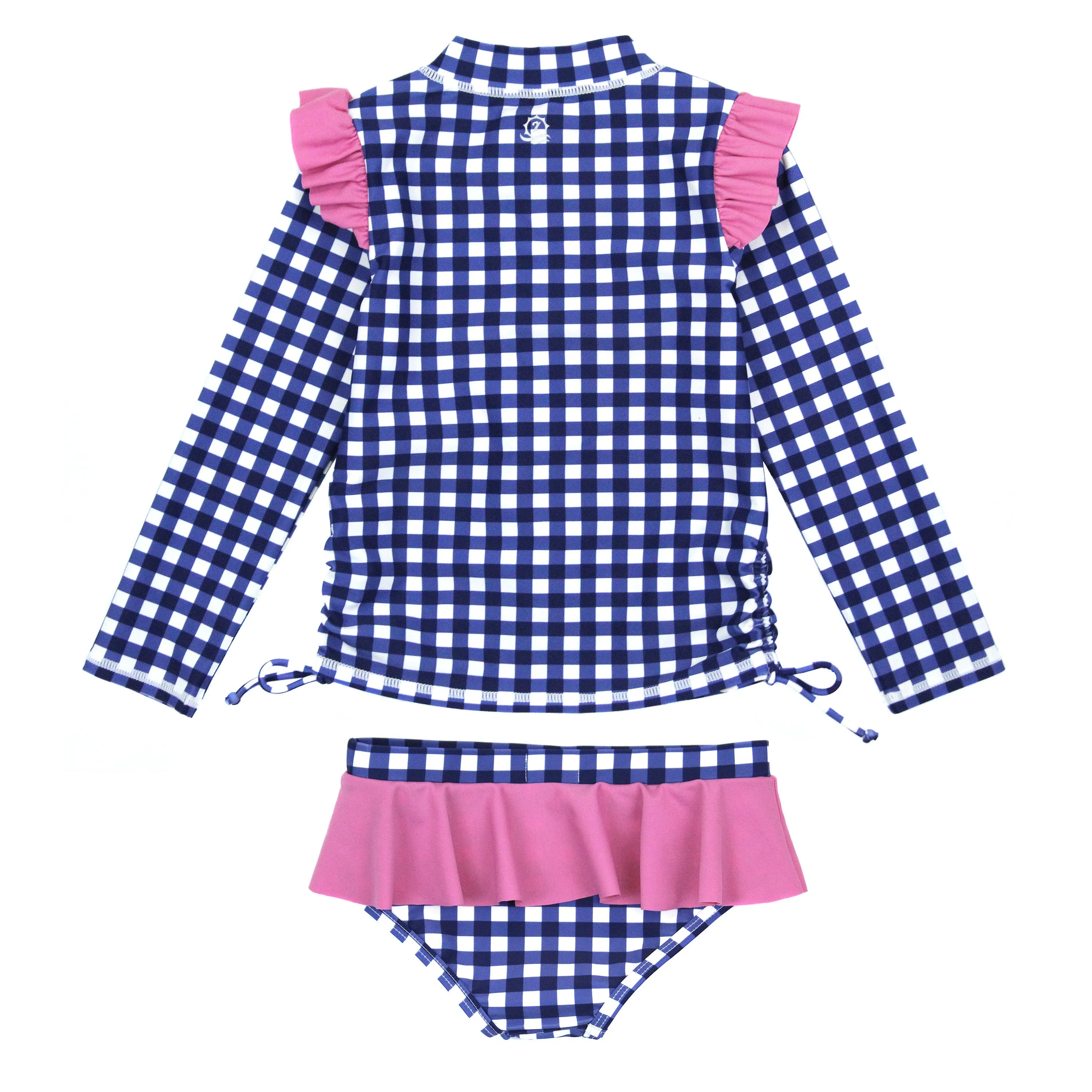 Girls Long Sleeve Rash Guard Ruffle Bottom Swimsuit Set (2 Piece) | "Navy Gingham"