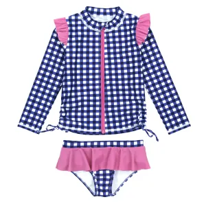 Girls Long Sleeve Rash Guard Ruffle Bottom Swimsuit Set (2 Piece) | "Navy Gingham"
