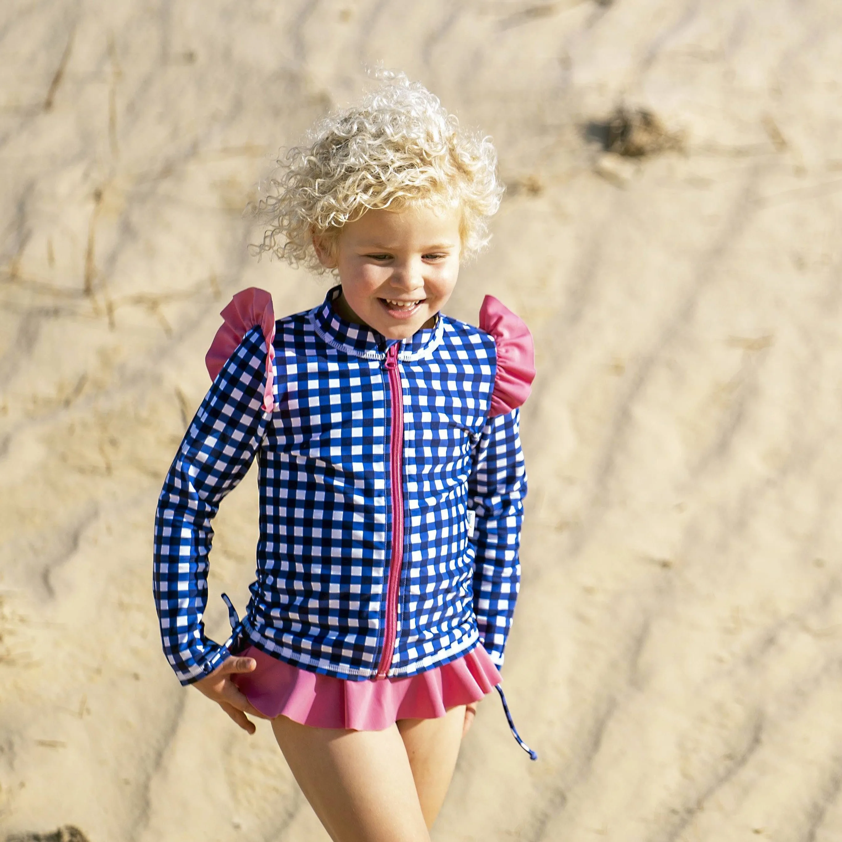 Girls Long Sleeve Rash Guard Ruffle Bottom Swimsuit Set (2 Piece) | "Navy Gingham"