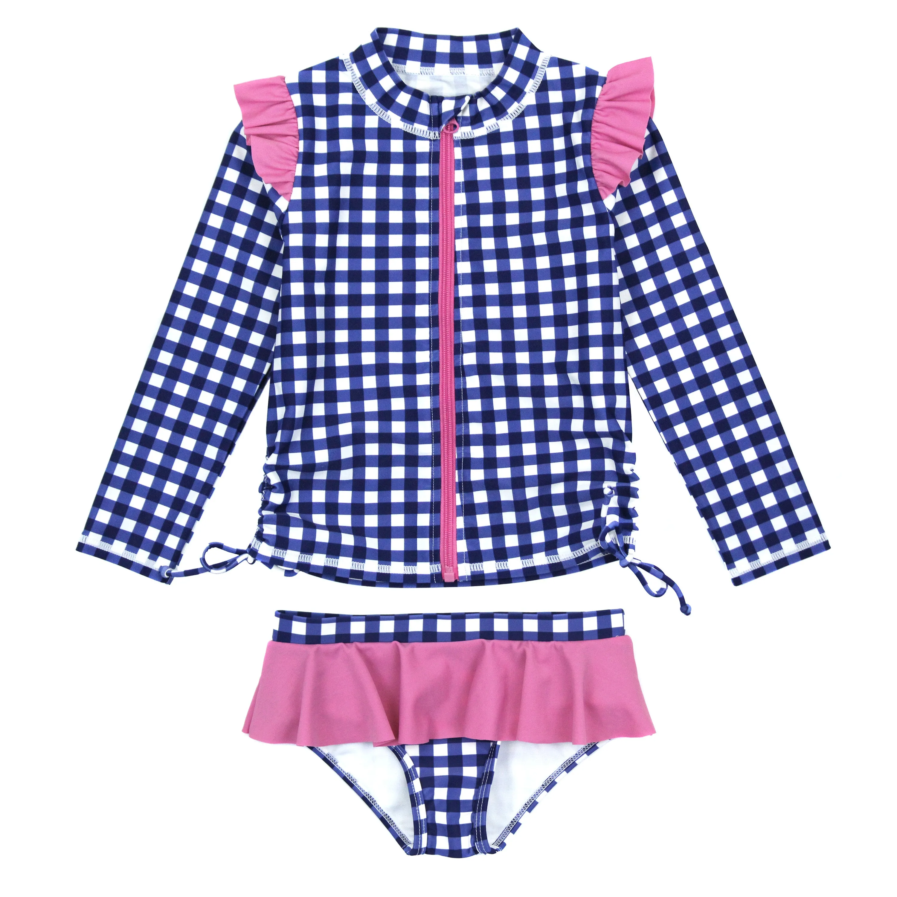 Girls Long Sleeve Rash Guard Ruffle Bottom Swimsuit Set (2 Piece) | "Navy Gingham"