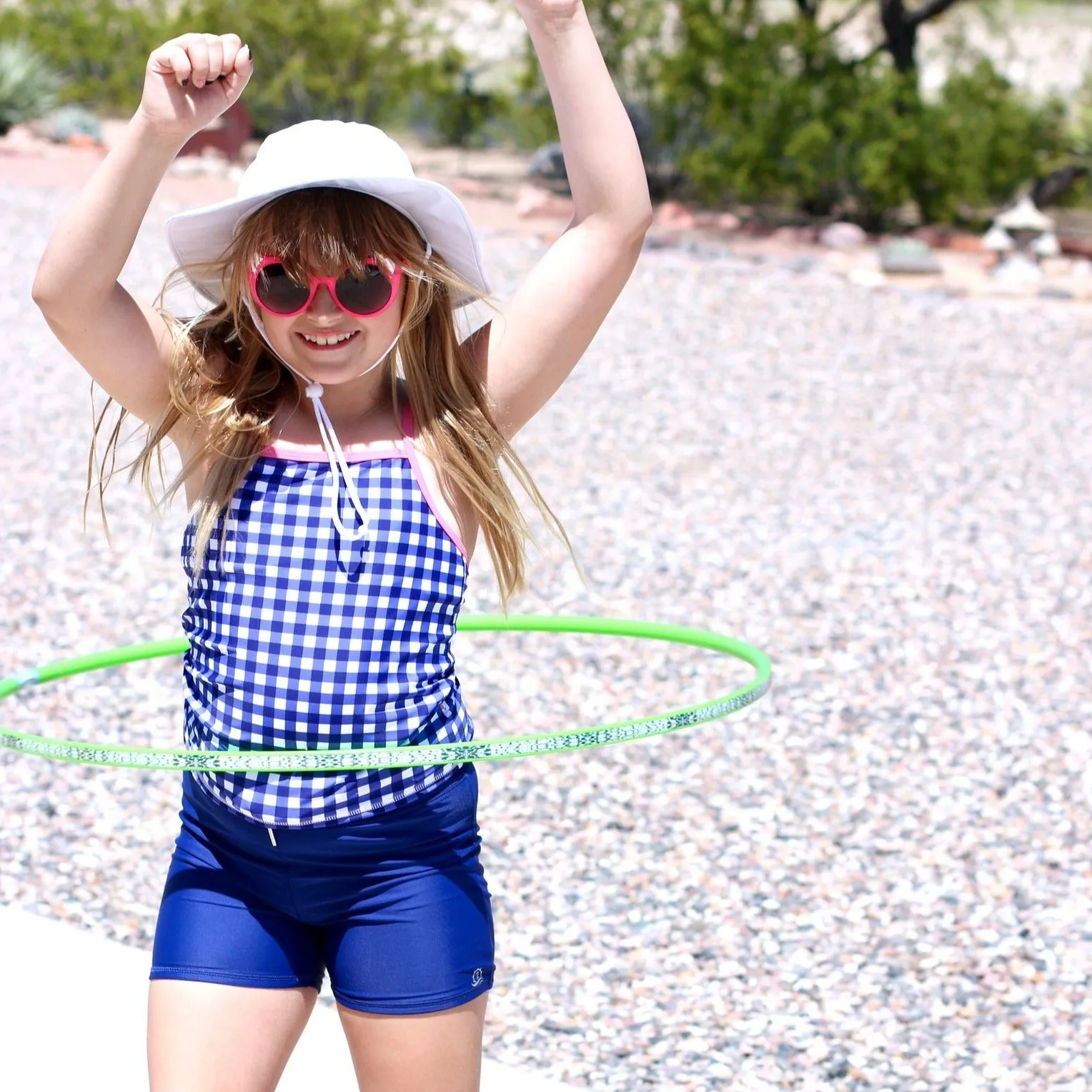 Girls Long Sleeve Rash Guard   Tankini Shorts Set (3 Piece) | "Navy Gingham"