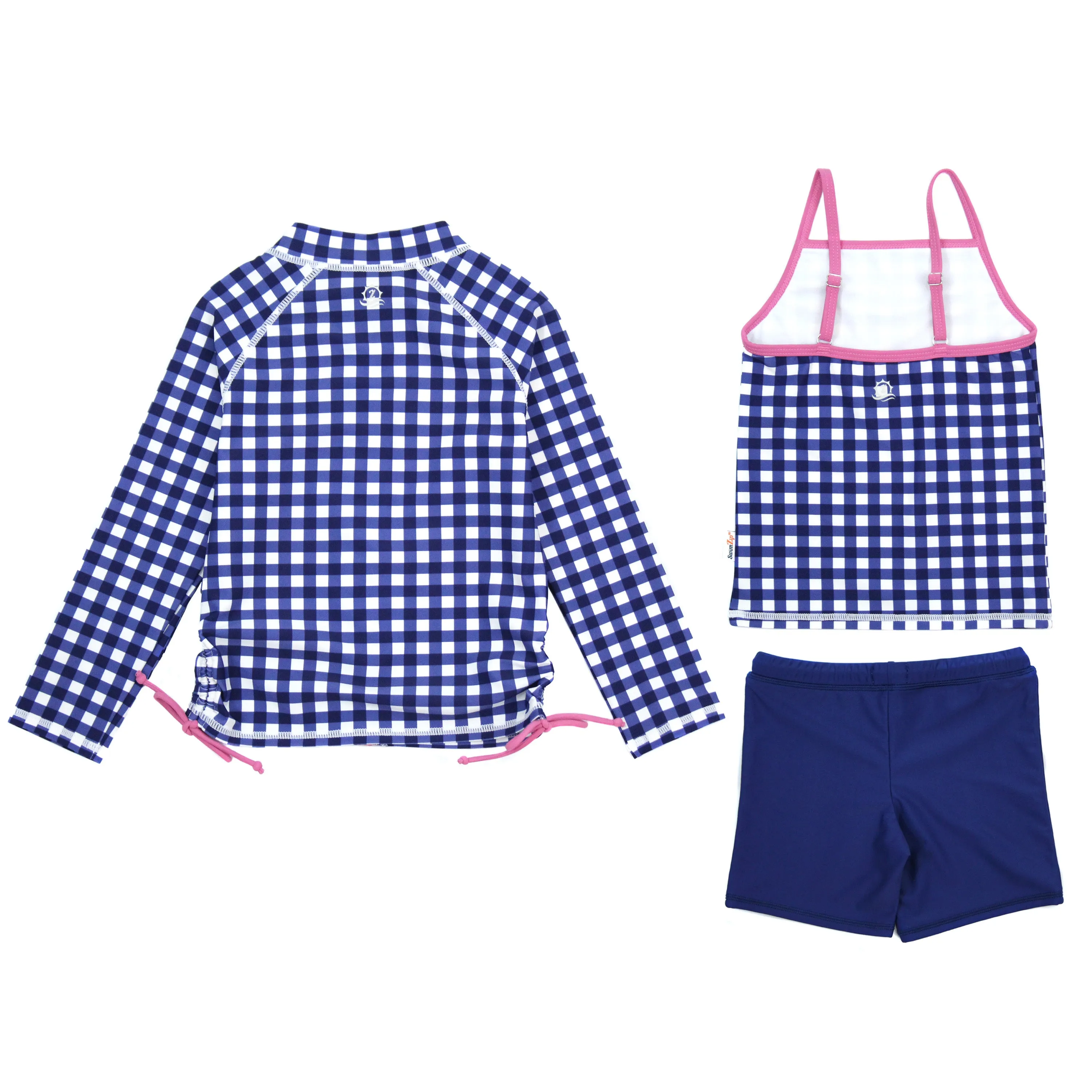 Girls Long Sleeve Rash Guard   Tankini Shorts Set (3 Piece) | "Navy Gingham"