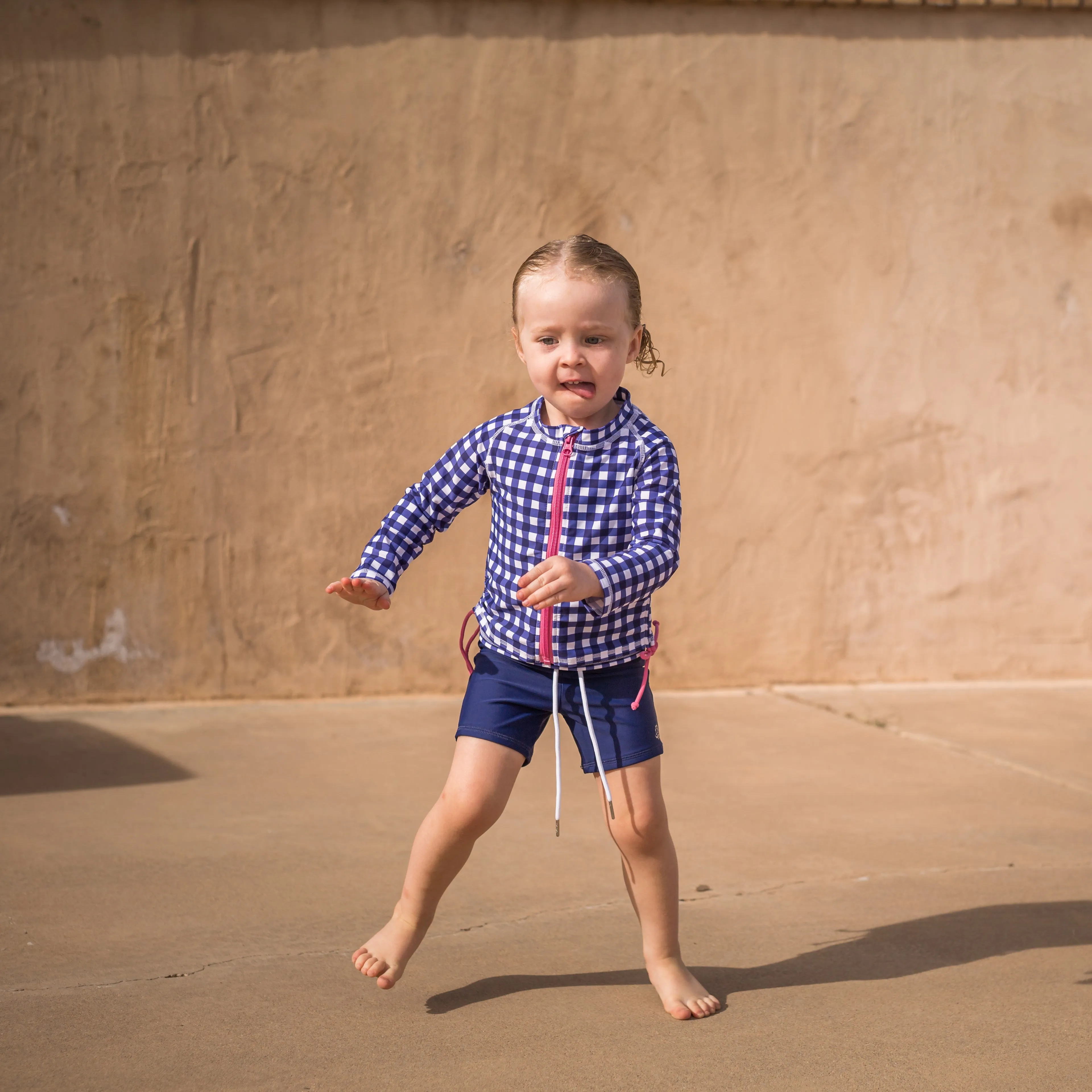 Girls Long Sleeve Rash Guard   Tankini Shorts Set (3 Piece) | "Navy Gingham"