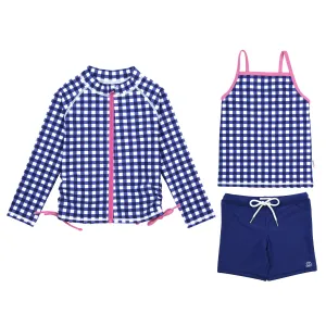 Girls Long Sleeve Rash Guard   Tankini Shorts Set (3 Piece) | "Navy Gingham"