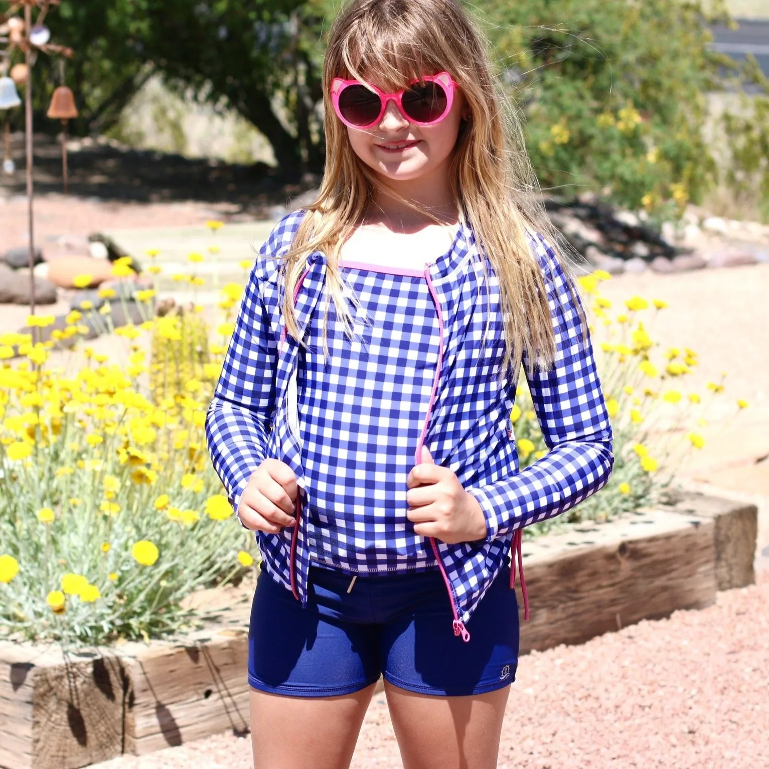 Girls Long Sleeve Rash Guard   Tankini Shorts Set (3 Piece) | "Navy Gingham"